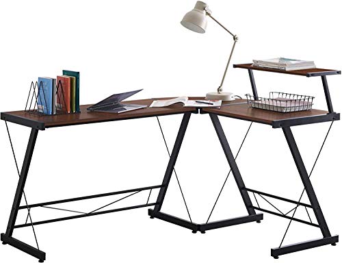 Halter L Shaped Desk, Gaming Computer Corner Desk for Small Spaces with Monitor Shelf, Modern Home Office L Desk, Writing Study, Workstation, Brown, 59 Inches