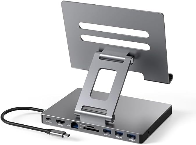 iPad Pro USB C Hub Stand, 9 in 1 Adapter for iPad Air M5 M3 M4 13 12.9 Inch Docking Station 4K 60Hz HDMI, RJ45 Ethernet, SD/TF Card Reader, 3 USB 3.0, 3.5mm Audio, iPad Accessories Samsung Tablet Dock