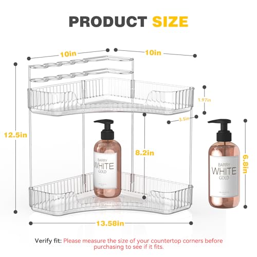2-Tier Corner Bathroom Counter Organizer with Top Toothbrush Holders,Large Makeup Organizer Countertop with Brush Holder,Skincare Organizers Corner,Exquisite Vanity Organizer(Clear, 2 Tier)