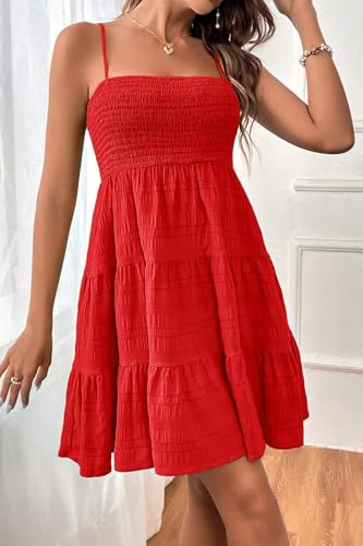 Image of HVEPUO Women Spaghetti Strap Sleeveless Smock Cami Mini Dress Summer Vacation Flowy Boho A Line Swing Short Dresses for Women