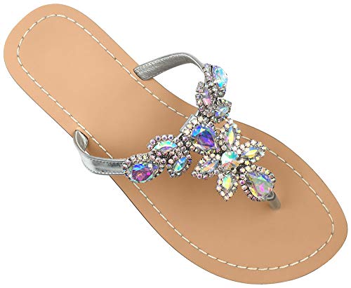 Hinyyrin Women's Summer Rhinestone Bling Wedding Sandals,Glitter Jeweled Sandals,Dressy Flat Sandals,Beach Flip-Flops, Size 6 Silver #TOP1