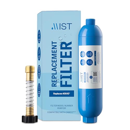Mist 40043 Replacement for Camco RV Inline Water Filter 40043, 40013, 40041, with Flexible Hose Protector. Reduces Bad Taste, Odors, Chlorine, Lead and Sediment, 1 Pack