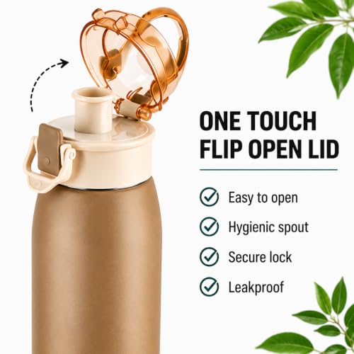 Image of CELLO Puro Steel-X Flint 900 Insulated Water Bottle 650 ml, Light Brown | Easy Press Open Flip Top, Easy to Carry with Handle Leak Proof Inner Steel Water Bottle for School Kids, Office Gym Travel