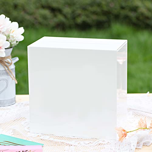 Image of UNIQOOO White Acrylic Card Box w /Slot, Thick DIY Wedding Box Blank No Print, Large 10x10x5.5 in, for Reception Decoration Fundraiser Money Box Election Ballot Graduation Keepsake Party Favor