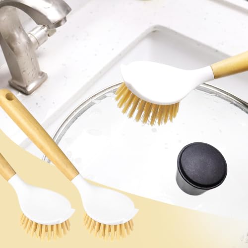 Image of 2 Pack Kitchen Scrub Brushes for Cleaning Dish Brush with Handle for Pans, Pots, Kitchen Sink Cleaning Scrub Brushes (Wooden Handle)