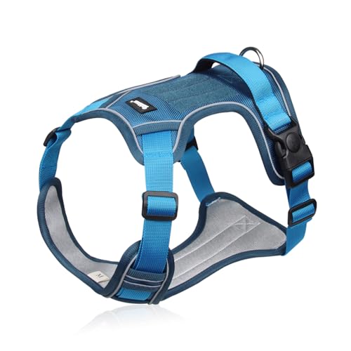 犬用ハーネスセット 小型犬・中型犬用 後ずさり抜けない設計・引っ張り防止 1.5mリード付き・犬はーねす犬 ハーネス 中型犬 通気性メッシュ＆1680Dオックス生地 夜間反射・簡単装着・4点調整可 ダブルDリング＆背部ハンドル 犬 シートベルト兼用 ペット ハーネス・犬リード 小型犬対応 首輪 補助 散歩用 ブルー