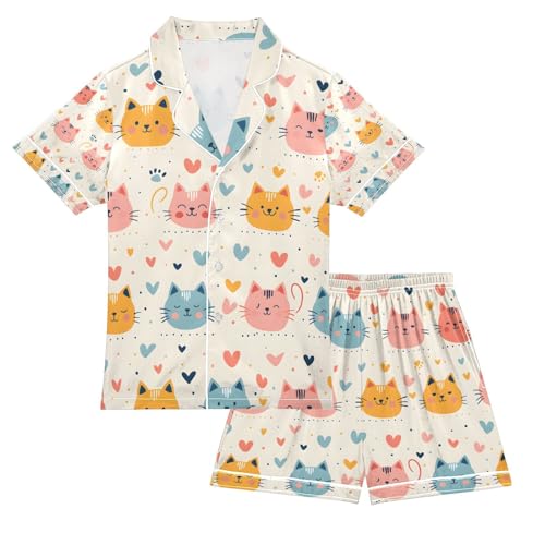 senya Cat Rainbow Head Satin Summer Pajama Sets Silk Short Sleeve Button Down Sleepwear