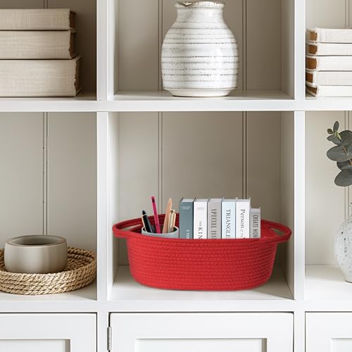 Image of Small Baskets for Gifts Empty, 13 inchx 9 inchx 5 inch Woven Gift Basket with Bag and Ribbon, Cotton Rope Kids Dog Cat Toy Bin Box, Cute Baby Nursery Organizer, Decorative Storage with Handles, Red