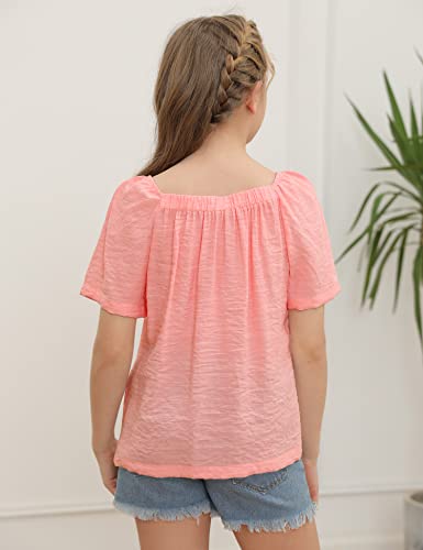 Girls Summer Blouses Short Sleeve Square Neck Button Down Tee Shirts Solid Casual Loose Fit Tops Pink #TOP1