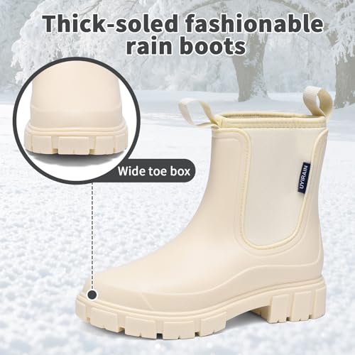 GemChve Gummistiefel Damen Winter, Chelsea Boots Gefüttert Wasserdicht, Gummistiefeletten Halbhohe Gartenschuhe, Rutschsicher Regenschuhe, Abriebfest Komfort Schlupfstiefel White 39 EU
