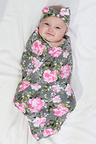 Image of 4 Pack Maternity Robe and Matching Baby Swaddle Blanket with Hat Headband Set, Stretchy Knitted Delivery Nursing Dress with Pockets and Receiving Blanket for Mummy and Baby (Grey Flower)