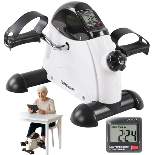 PORTENTUM Pedales estaticos Personas Mayores Pantalla LCD 6 Funciones – Pedaleador Brazos y piernas Compacto con Resistencia Ajustable y asa de Transporte – Diseño portátil para Ejercicio en casa
