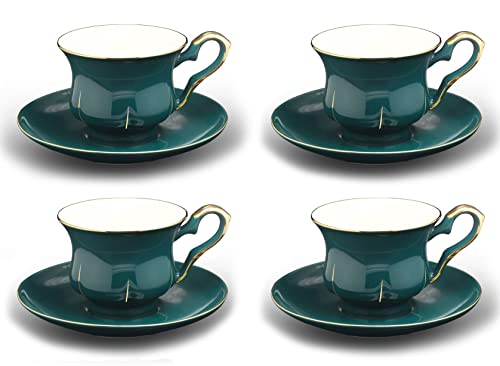 Jomop Gothic Style Ceramics Tea Cup And Saucer Set Gold Trim Set Of 4 (Dark Green) #TOP16