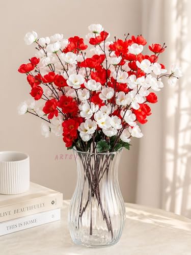 Image of ARTSY Artificial Flowers Bunch For Decoration Cherry Blossom, Ideal for vase, Home, Office decor, gifts, craft, artificial plants for decoration, Without vase, White Red, combo, 2 Piece, 55 cm height