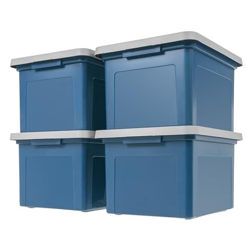 IRIS USA File Box Plastic File Organizer for Letter/Legal File, Document Box, Durable Storage Bin Tote with Secure Latching Lid, Stackable, BPA-Free, Eco Friendly, Sustainable, Navy/Gray 35 Qt. 4 Pack