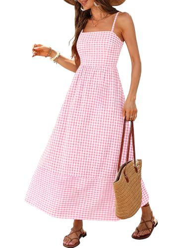 Caracilia Womens Maxi Dresses Gingham Spaghetti Strap Back Smocked Flowy Long Sundress Summer Beach Vacation Clothes 2026 Pink White Plaid Small