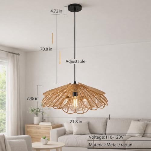Image of Artica Farmhouse Rattan Chandelier - 1-Light Hand-Woven Wicker Pendant Light Fixture, Boho Hanging Ceiling Lamp for Dining Room, Kitchen Island, Bedroom & Living Room (Type 2)