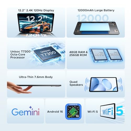 Image of P12 Plus 12 Inch Tablet Android 16, T7300 Octa-core, 12000mAh /18W, 2.4K 120Hz, 48GB RAM+256GB ROM /2TB TF, Gemini AI, 5G WiFi, 8MP+13MP, Face ID, OTG, Widevine L1, Tablet with Keyboard and Pen,BLACK