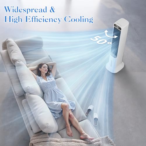 Image of Portable Evaporative Air Cooler, 2 in 1 Swamp Cooling Tower Fan with Remote, 4 Ice Packs, 50 Oscillation, 12H Timer, 3 Speeds 3 Modes, Fans That Blow Cold Air for Home Bedroom Office, White