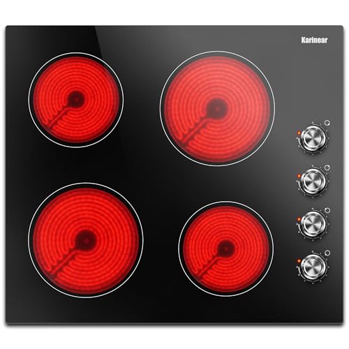 Image of Karinear 24 Inch Electric Cooktop 4 Burners Electric Stove, Knob Control | 6000W High Power Radiant Ceramic Cooktop, Built-in Design, 220-240V Hardwire, No Plug, Overheat Protection(Silver Knob)