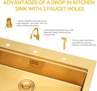LQS Gold Kitchen Sink with 3 Holes, Kitchen Sink 33x22 Drop In, 33 Inch Large Top Mount Stainless Steel Handmade Sturdy 16 Gauge T304 with Abundant Accessories, R10 Round Corner