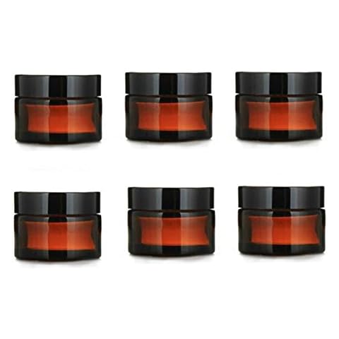 6PCS 10ml Amber Glass Jar Empty Refillable Cosmetic Face Cream Lip Balm Storage Jars Bottle Container Pot with Liners and Screw Black Lid for Make up Essential Oils Lotion Cover
