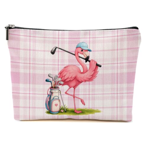 Blue Leaves Funny Flamingo Golf Makeup Bag Travel Cosmetic Bag for Women
