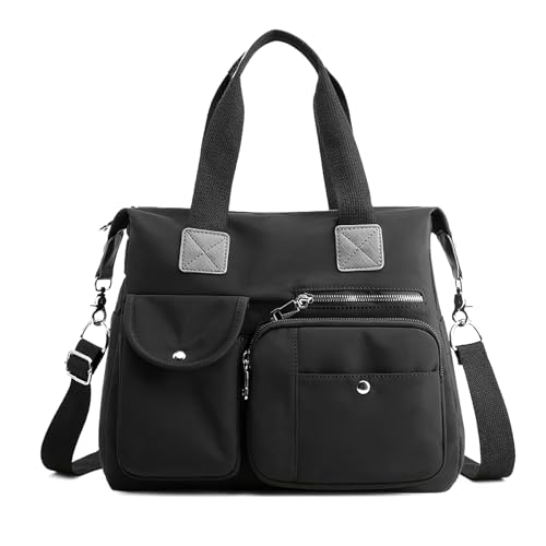 Borsa a Mano Donna Casual Con Manico Superiore e Tasche Multiple - Tracolla Impermeabile in Nylon per Shopping Viaggio e Uso Quotidiano - Nero