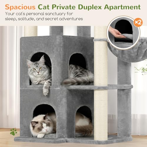 Image of Globlazer Cat Tree Tower for Indoor Cats, Sturdy Adult Cat Tree House for Large Adult Cats with 2 Platform, 6 Cat Scratching Post, 2 Cat Caves, Dangling Toys, S63, 63 inch, Light Grey