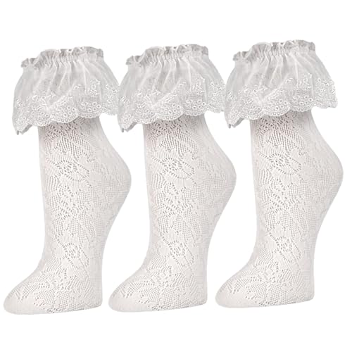 3 Pairs Womens Lace Ankle White Ruffle Frilly Dress Sexy Mesh Lace Trim Lolita Sock Lacy Ruffled Bootie Socks