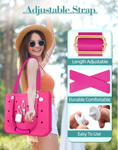 Image of Bag Strap Crossbody Charms for Bogg Bag Accessories - Shoulder Strap Neoprene Luggage Handle Wrap for Suitcase & 2 Key Holders Pink