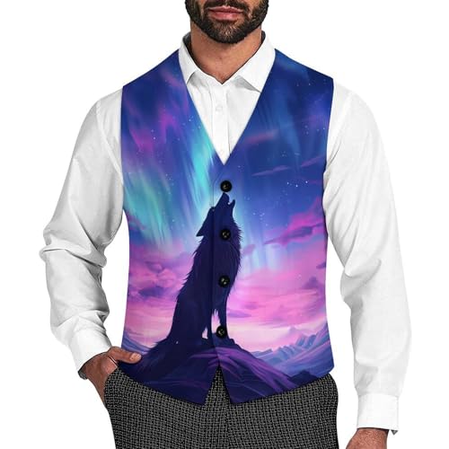 Northern Lights Wolf Men's Suit Vests Business Formal Dress V-Neck Waistcoat Tops with 2 Pockets