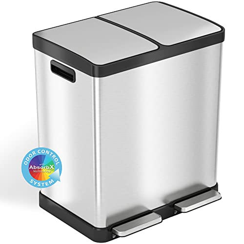 Itouchless Softstep 16 Gallon Kitchen Step Trash Can & Recycle Bin With Double Odor Filters And Removable Color-Coded Buckes, Stainless Steel, 2 X 8 Gallon (30L), Soft Close Lid And Airtight Seal #TOP21