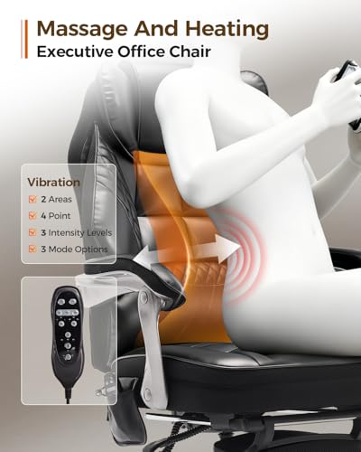 Image of Big and Tall Office Chair with Massage and Heat, 23.5 inch Wide Leather Office Chair with Back Support, Ergonomic Comfort 140 Reclining Desk Chairs Managerial Chairs for Heavy People