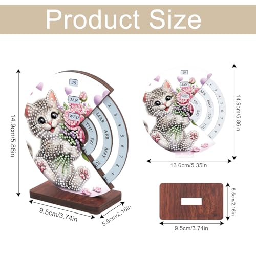 Image of AiYuanzsh 3D Diamond Art Tabletop Perpetual Calendar Kit, DIY Wooden Desktop Ornament with Cute Cat Design, Sparkling Diamond Painting Desk Decoration Gift for Home & Office