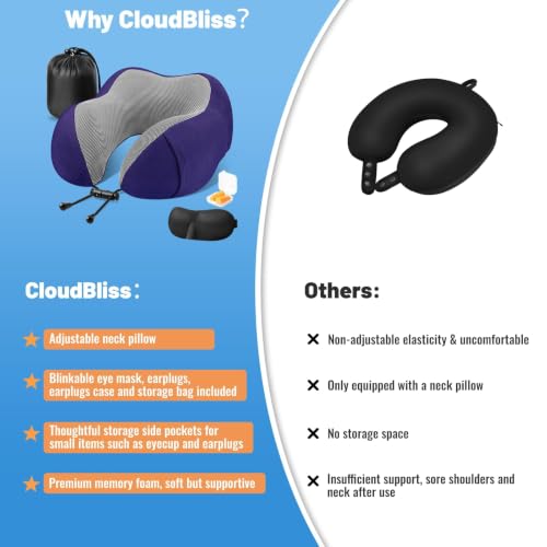 Image of CloudBliss Travel Pillows for Airplane, 2 Pack Memory Foam Neck Pillows for Travel, Compact Neck Pillow for Long Flight, Car & Office, Plane Accessories with Eye Mask, Earplugs, Carry Bag, Black &Navy