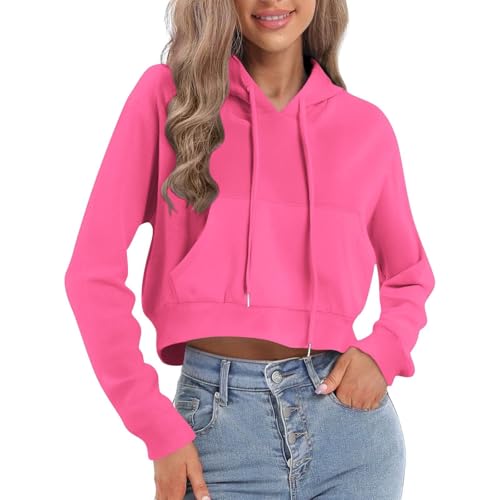 Eauptffy Women's Sweatshirt with Hood, Plain Long Sleeve Cropped Hoodie with Pockets, Vintage Sweatshirts, Sport Short Hoodies, Y2K Teenager Long Sleeve Pullover, Crop Top, O Hot Pink, S