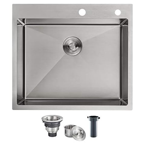 ROVOGO 25"x22" Drop-in Kitchen Sink Single Bowl, 18 Gauge Stainless Steel Handmade Sink with 2-Hole Cover