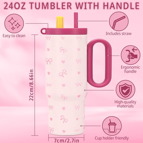 24oz Bow Tumbler with Handle and Straw,Insulated Stainless Steel Tumbler,Coffee Mug,Keep Drinks Hot and Cold,Cute Travel Mug,Gifts for Teens Women Mom