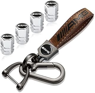 Leather Brown Key Ring for Mercedes Benz C E S M Serie GLK CLA GLC GLE CLS SLK AMG Series,Alloy Car Valve Caps,Car Keychain Keyring Gift for Man Woman