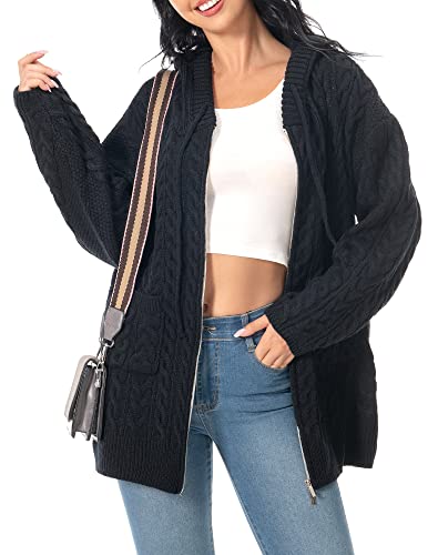Image of Shineflow Women Hooded Cardigan Oversized Slouchy Zipper Cable Knit Cardigan Coat Solid Color Sweater Casual Knit Knitwear