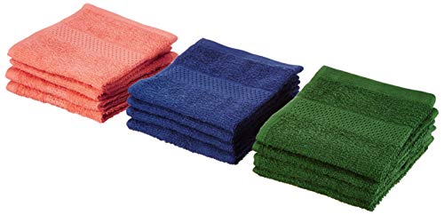 Image of Amazon Brand - Solimo Cotton 12 Piece Face Towel Set, 380 GSM (Coral Pink, Mint Green, Twilight Blue)