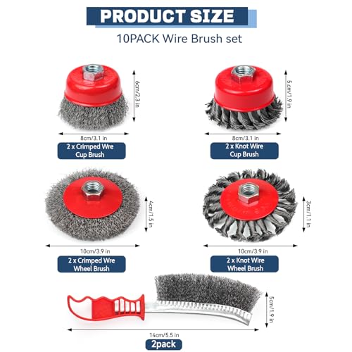 Image of 8pcs Wire Wheel Brush for Angle Grinder & 2pcs Scratch Brushes | 4-1 /2 inch Knotted & Crimped Cup /Wheel Brushes 5 /8 inch-11 Threaded Arbor 3 inch&4 inchCarbon Steel Knotted Brushes for Corrosion Rust Paint