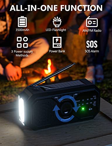 Emergency Hand Crank Weather Radio Solar with Cell Phone Charger, Portable 3500mAh Power Bank NOAA/AM/FM Radio,Battery Power Weather Alert Radios with Flashlights for Emergencies Radio Survial