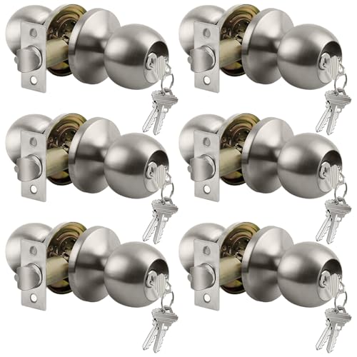 BESTTEN 6 Pack Door Knob with Lock and Key, Keyed Different, Satin Nickel