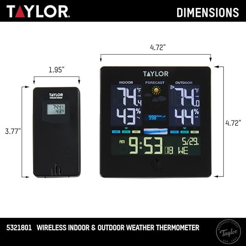 Image of Taylor Digital Wireless Deluxe Indoor Outdoor Thermometer, Weather Station Forecaster, Calendar with Clock, Easy-to-Read Display for Home, Office, Greenhouse, Nursery, and Indoor Areas, LCD, Black