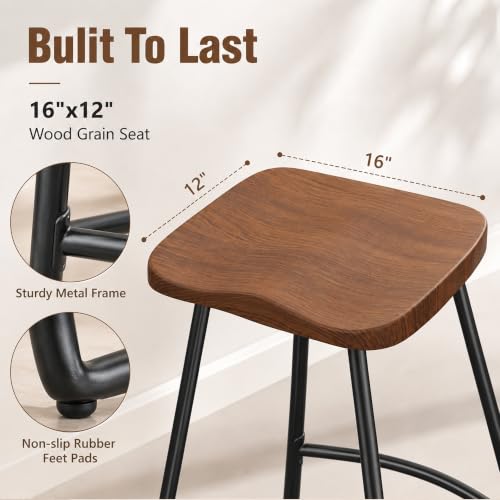 Image of Awonde Backless Metal Bar Stools Set of 4, Large Wood Seat Counter Stools