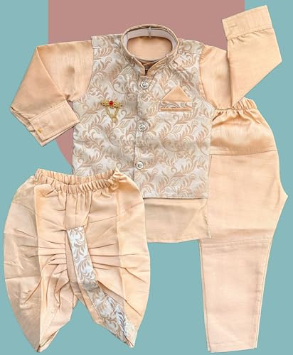 Image of Little Kids Ethnic Wear Kurta Pyjama and Waistcoat Set For Boys | Stylish Ethnic Wear | 3-piece set | Silk and Cotton Blend Fabric