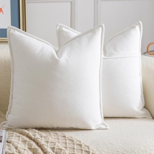 Madizz Juego de 2 Suave Chenilla Decorativo Funda de cojíns con Borde Neutras Fundas de Almohada Boho para Sofá Dormitorio Salón Blanco Cuadrado 45 x 45 cm