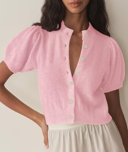 Image of Womens Puff Short Sleeve Cardigan Sweaters Cropped Button up Lightweight Y2k Knit Summer Cardigans